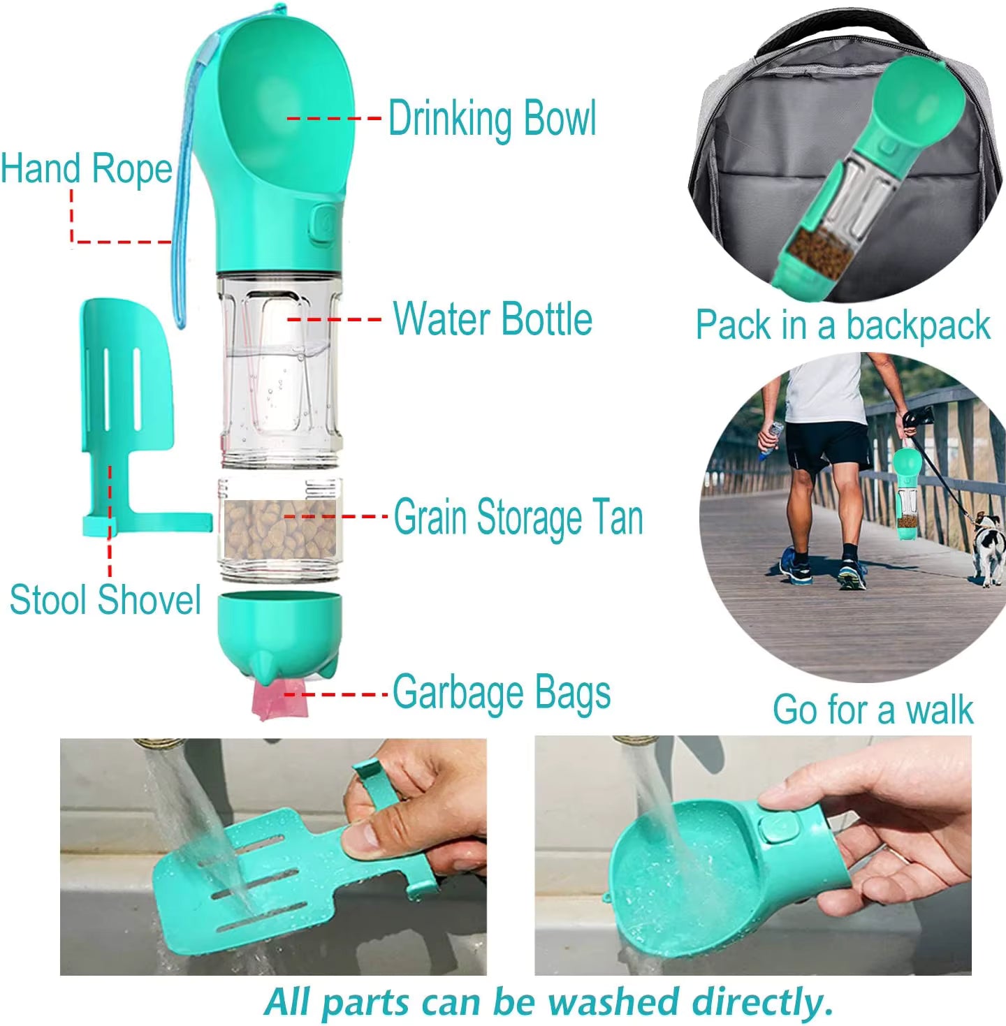 Botella Portátil 3 en 1 para Perros — Agua, Snacks y Bolsas